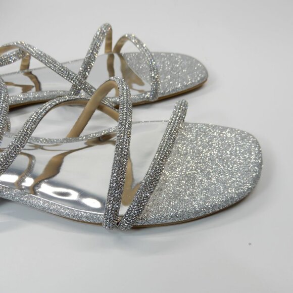 Badgley Mischka Ivie Strappy Flat Sandals Size 8 Silver Rhinestone Embellished - Picture 10 of 12